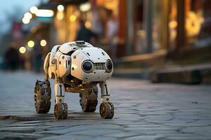 ai generativ. ein klein Roboter auf Räder bewegt sich entlang das Abend Stadt Straße. horizontal Foto