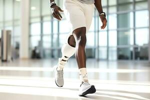 ein deaktiviert afrikanisch amerikanisch Mann mit Prothese Beine Züge im ein Rehabilitation Center. Beine schließen hoch. ai generativ foto