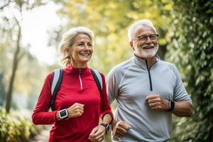 älter Erwachsene Vergleichen Schritte auf Fitness Tracker während ein Morgen gehen foto
