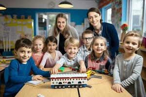 ai generativ. Kinder und Kindergarten Lehrer aussehen beim das Kamera und lächeln. horizontal Foto