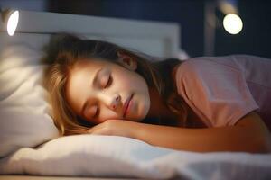 Mädchen Kind schläft im ihr Bett im ein dunkel Kinder- Zimmer mit das Nacht Licht gedreht An. ai generativ foto