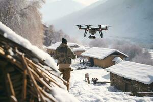 ai generativ. Drohne Lieferung von ein Befehl, Essen oder Medizin zu das Landschaft, Dorf oder schwer zu erreichen Bereiche im Winter foto