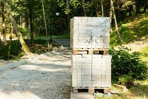 Stapel von Beton Pflasterung Platten auf ein hölzern Palette. Blöcke zum Pflasterung ein Bürgersteig im das Park foto