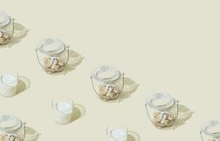 Muster gemacht von Schokolade Kekse und Glas von Milch auf Pastell- Sahne Hintergrund. minimal Essen und trinken Konzept. kreativ Muster Hintergrund Idee. lecker Schokolade Plätzchen Chips Komposition. Kopieren Raum. foto