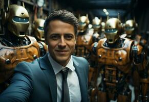 ai generativ Mann im ein passen und Krawatte ist nehmen ein Selfie mit ein Roboter foto