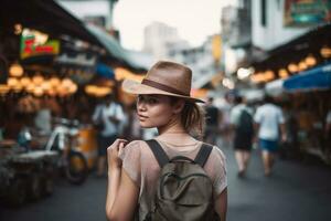 jung weiblich Tourist im Bangkok erkunden das Stadt, generativ ai foto