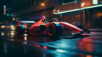 Luxus Formel 1 Auto hoch Geschwindigkeit Laufen durch das Stadt Straßen. erstellt mit generativ ai foto