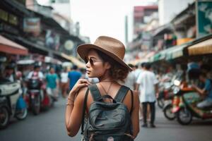 jung weiblich Tourist im Bangkok erkunden das Stadt, generativ ai foto