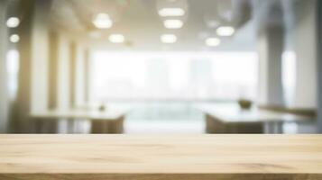 Holz Tabelle oben mit verschwommen Bokeh Büro Innere Raum Hintergrund. erstellt mit generativ ai foto