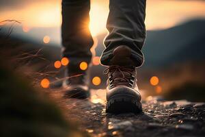 Nahansicht von des Mannes Leder Stiefel Gehen bergauf im Morgen Licht mit Bokeh Wirkung. generativ ai foto