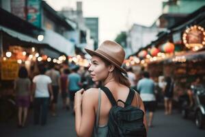 jung weiblich Tourist im Bangkok erkunden das Stadt, generativ ai foto