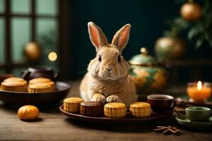 süß Hase Sitzung mit runden Mondkuchen Tabelle mit Tee Tassen auf hölzern Hintergrund und voll Mond, mitte Herbst Festival Konzept. ai generativ foto