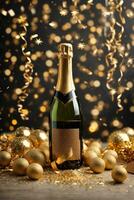 Flasche von Champagner mit golden Konfetti auf Bokeh Hintergrund, ai generativ foto