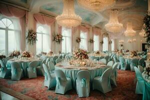 Hochzeit Bankett Tabelle dekoriert mit Blumen und Tischdecke, ai generativ foto