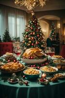 Weihnachten geröstet Truthahn mit Preiselbeeren und Orangen auf rustikal hölzern Tisch, ai generativ foto