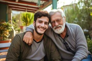 glücklich Vater und Sohn genießen bleiben Zuhause auf Vaters Tag mit Familie Liebe., ai generativ foto