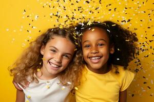 glücklich Mädchen mit Konfetti auf Gelb Hintergrund. ai generativ foto