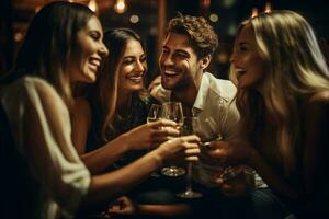 Gruppe von freunde genießen Wein beim Nacht beim ein Party, ai generativ foto