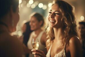 schön Frau genießen Wein beim Nacht beim ein Party, ai generativ foto