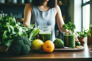 jung asiatisch Frau macht Entgiftung Obst und Gemüse Smoothie beim heim, gesund und Schönheit Essen Konzept, ai generativ. foto