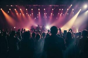 Konzert Menge im Vorderseite von ein hell Bühne mit Beleuchtung und Rauch. ai generativ foto