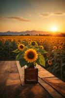 hölzern Tabelle mit Sonnenblumen auf das Hintergrund von schön Sonnenuntergang, ai generativ foto