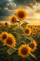 Sonnenuntergang Über Sonnenblume Feld. schön Sommer- Landschaft mit Sonnenblumen. ai generativ foto