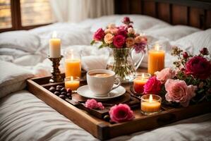 romantisch Frühstück im Bett mit Kaffee, Rose Blumen, Kerzen und Kaffee Bohnen, ai generativ foto