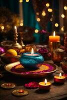 Diwali oder Deepavali - - Lehm Diya Lampen zündete während Diwali Feier im Indien. ai generativ foto