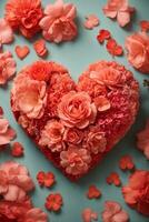 Herz gemacht von schön Blumen auf Farbe Hintergrund. Valentinstag Tag Feier, ai generativ foto