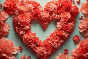Herz gemacht von schön Blumen auf Farbe Hintergrund. Valentinstag Tag Feier, ai generativ foto