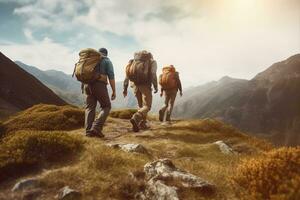 abenteuerlich Touristen Wanderung durch das bergig Terrain, nehmen im das atemberaubend natürlich Schönheit und frisch Luft, generativ ai foto