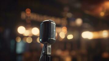 Jahrgang Mikrofon auf Bühne mit Bokeh Beleuchtung Hintergrund. erstellt mit generativ ai foto