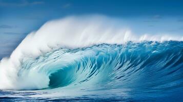mächtig Ozean Welle abstürzen gegen Küstenlinie. generativ ai foto