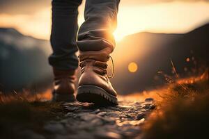 Nahansicht von des Mannes Leder Stiefel Gehen bergauf im Morgen Licht mit Bokeh Wirkung. generativ ai foto