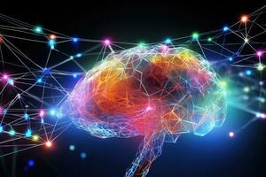 konzeptionelle Hintergrund Bild mit Mensch Gehirn und Verbindung Linien. 3d Wiedergabe, holographisch Zukunft Mensch Gehirn verbinden das funktioniert mit Mehrfarbig Neurolinks Pfad Weg, ai generiert foto