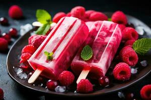 hausgemacht Eis am Stiel mit frisch Himbeeren und Minze auf dunkel Hintergrund, hausgemacht Himbeere Eis am Stiel auf Teller mit Eis und Beeren, ai generiert foto