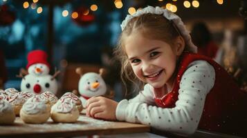 süß wenig Mädchen aufgeregt dekorieren Schneemann Kekse mit Glasur foto
