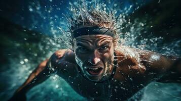 energisch Schuss von ein Schwimmer Rennen durch das Wasser mögen ein torpediert foto