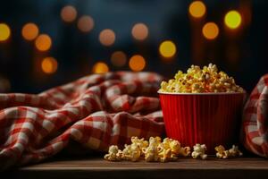 Zuhause Film Nacht Szene mit Popcorn und Sanft wirft Hintergrund mit leeren Raum zum Text foto