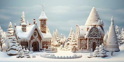 Weihnachten Dorf von Lebkuchen Häuser. Postkarte zum Weihnachten, Neu Jahr. ai generiert foto