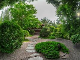 klein japanisch Garten Park Stil im Frühling mit Bäume und hölzern Haus auf tief Garten. das Stein Weg zu das Haus. foto