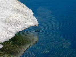 runden Tropfen von Wasser auf das Oberfläche von ein Kristall Berg See von das schmelzen von ein Gletscher. Wasser Tröpfchen fallen auf das Oberfläche von das Wasser und spritzen. Desktop Laptop Hintergrund. foto