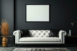 modern Weiß Leder Sofa mit Beine und Kissen im ein minimalistisch Leben Zimmer mit schwarz Wände mit ein Bild. modern Leben Zimmer Innere. generiert durch künstlich Intelligenz foto