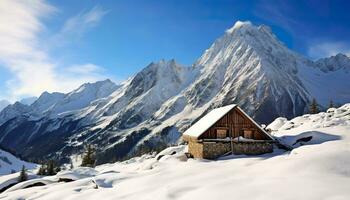 hölzern Haus und Berg mit Schnee. generativ ai. foto