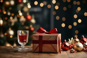 ai generativ Hintergrund von Weihnachten Baum und rot Geschenk Box auf ein Weihnachten leeren Hintergrund mit Kopieren Raum foto