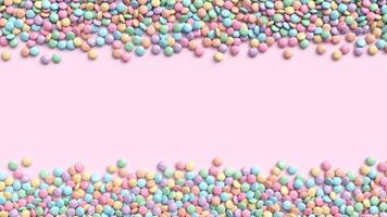 doppelt Rand von bunt beschichtet Schokolade Süßigkeiten im Pastell- Töne auf hell Rosa Hintergrund. 3d Illustration foto
