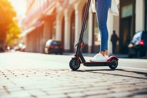 jung Frau Reiten elektrisch Roller auf ein Stadt Straße. schließen oben Sicht. Öko Transport Konzept. ai generiert. foto