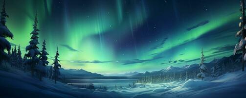 Nord Beleuchtung Banner. Aurora Borealis. schön Winter Landschaft mit Wald und Berge. ai generiert. foto