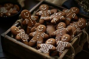 Lebkuchen Männer hausgemacht Kekse im das Kasten. Weihnachten Gebäck. schließen oben Sicht. ai generiert. foto